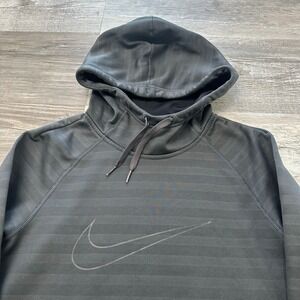 Nike Gray Striped Mens Small Funnel Neck Big Swoosh Fleece Lined Pullover Hoodie
